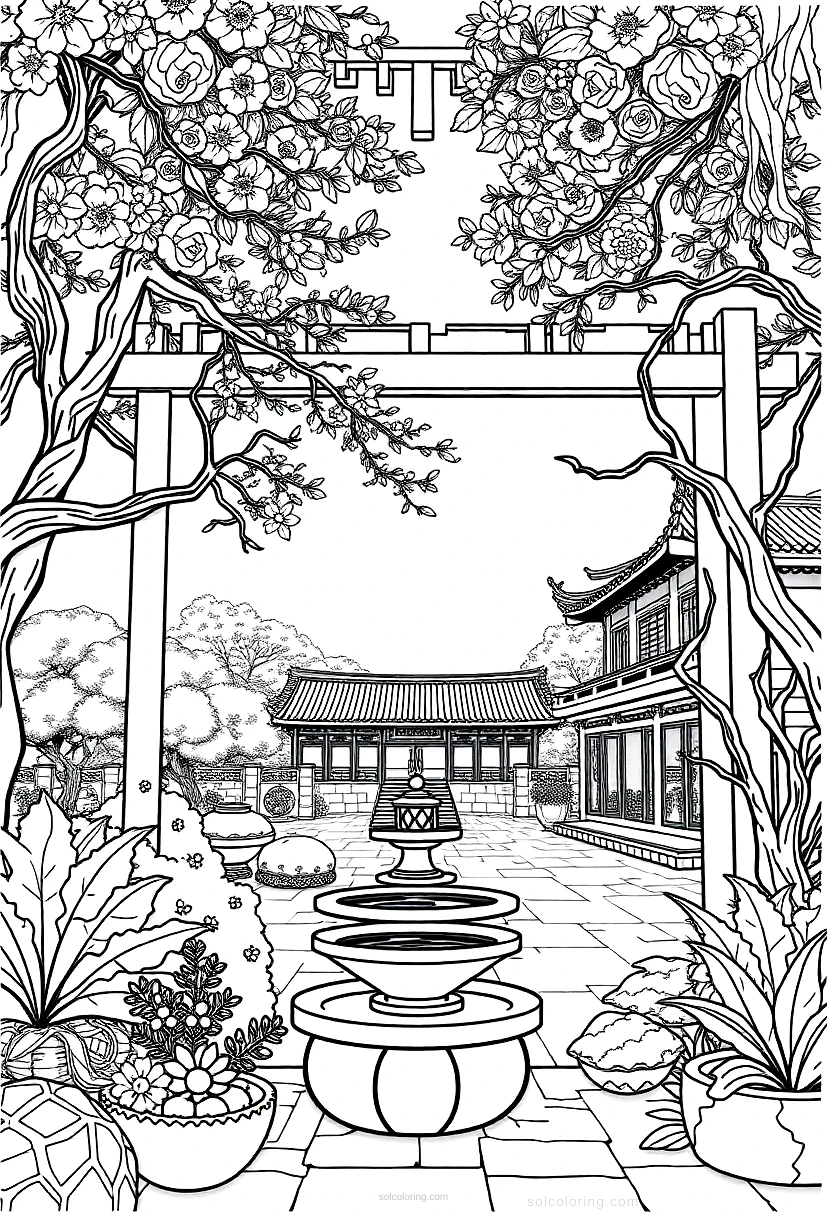 Traditional Chinese Garden coloring page for kids