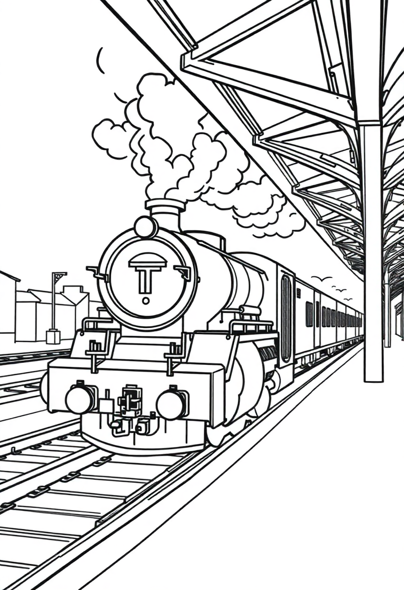 Train Station with Steam coloring page, free printable