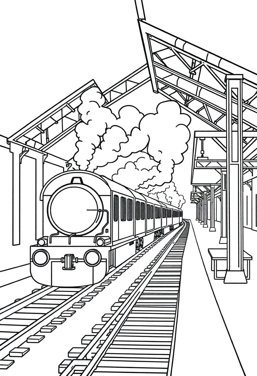 Train Station with Steam coloring page, free printable