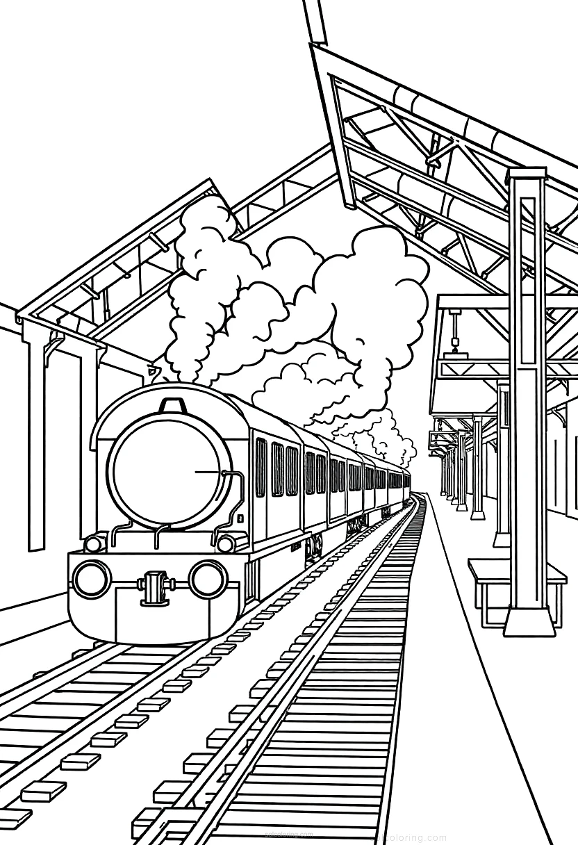 Train Station with Steam coloring page for kids