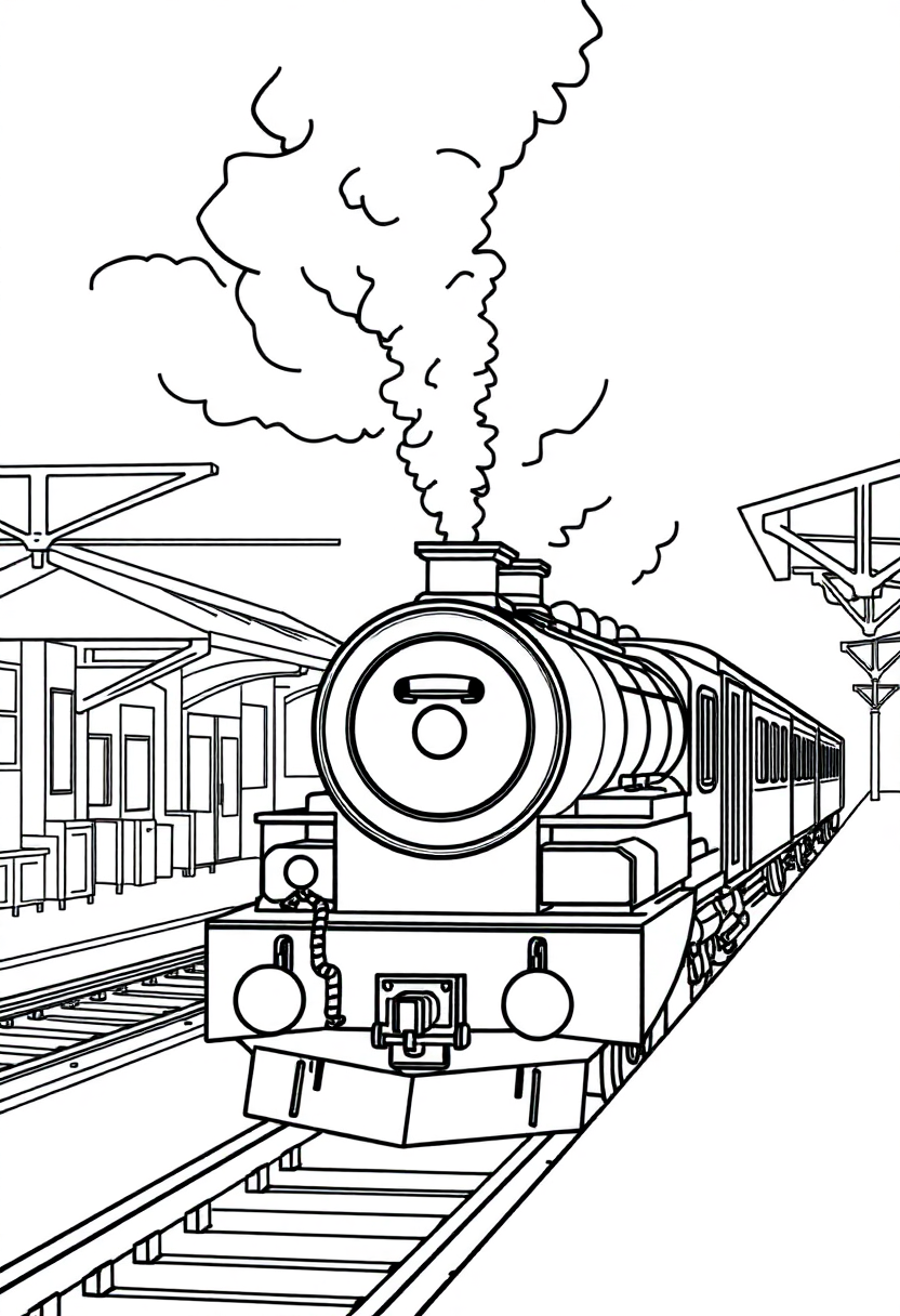 Train station with steam coloring page showing locomotive, platform, passengers and billowing steam clouds in bold outlines