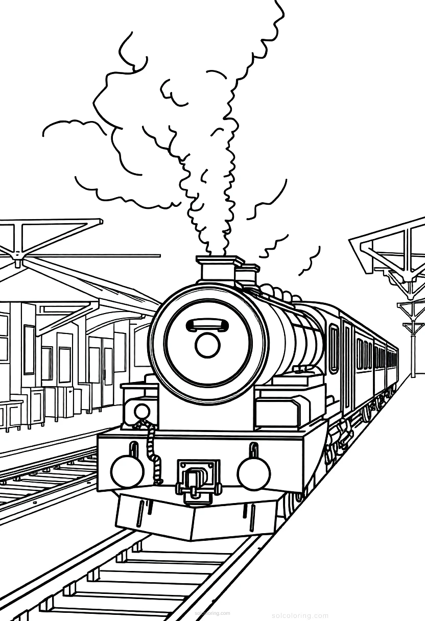 Train Station with Steam coloring page for kids