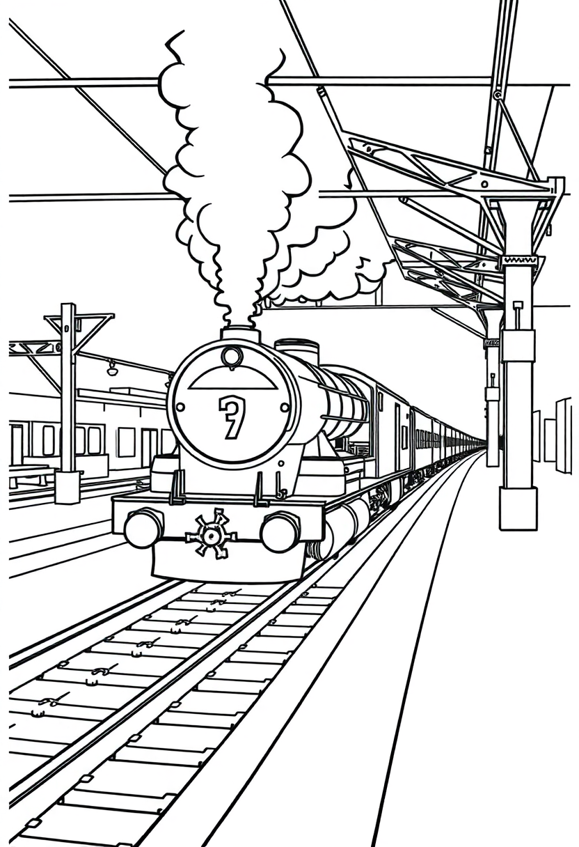 Train Station with Steam coloring page, free printable