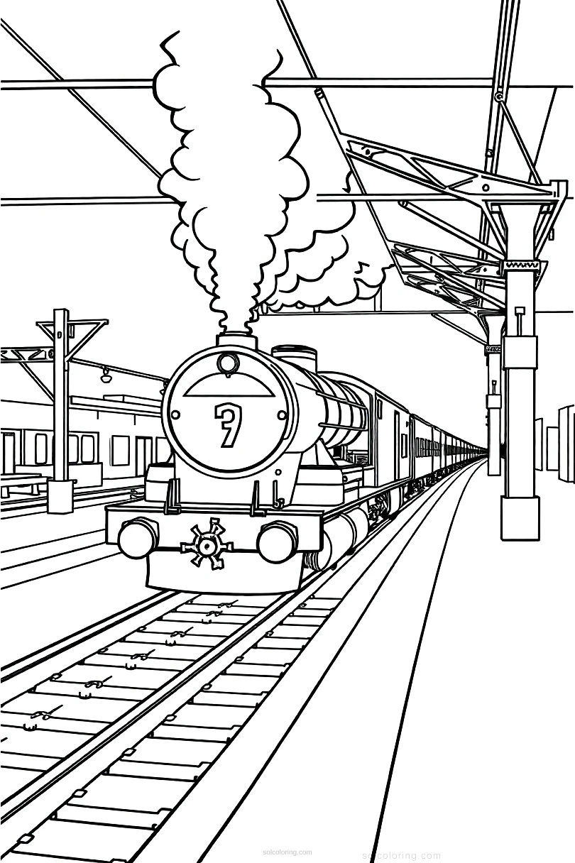 Train Station with Steam coloring page for kids