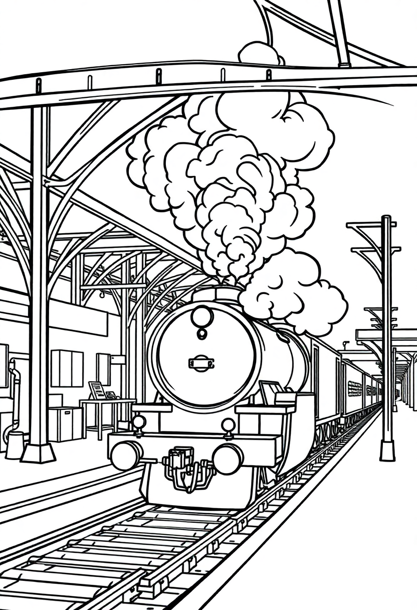 Train Station with Steam coloring page, free printable