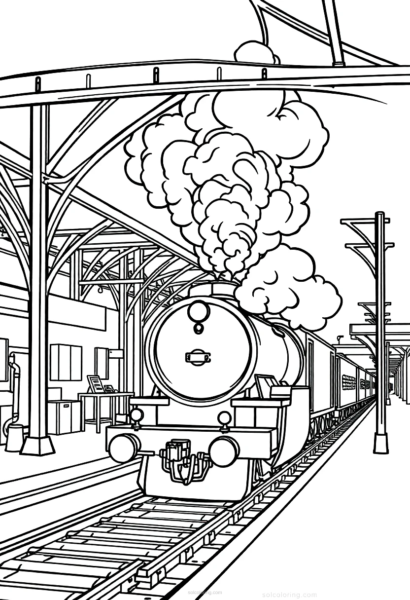 Train Station with Steam coloring page for kids