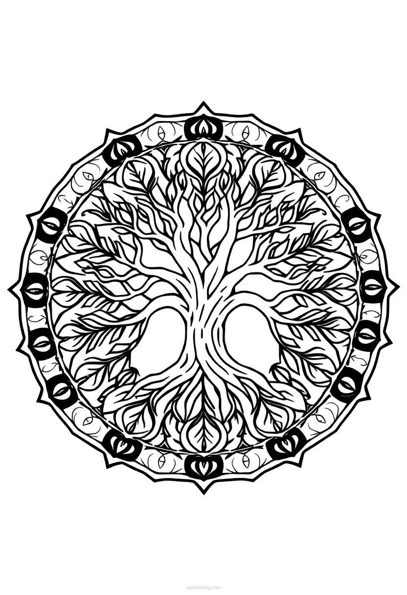 Tree of Life Mandala Circle coloring page for kids