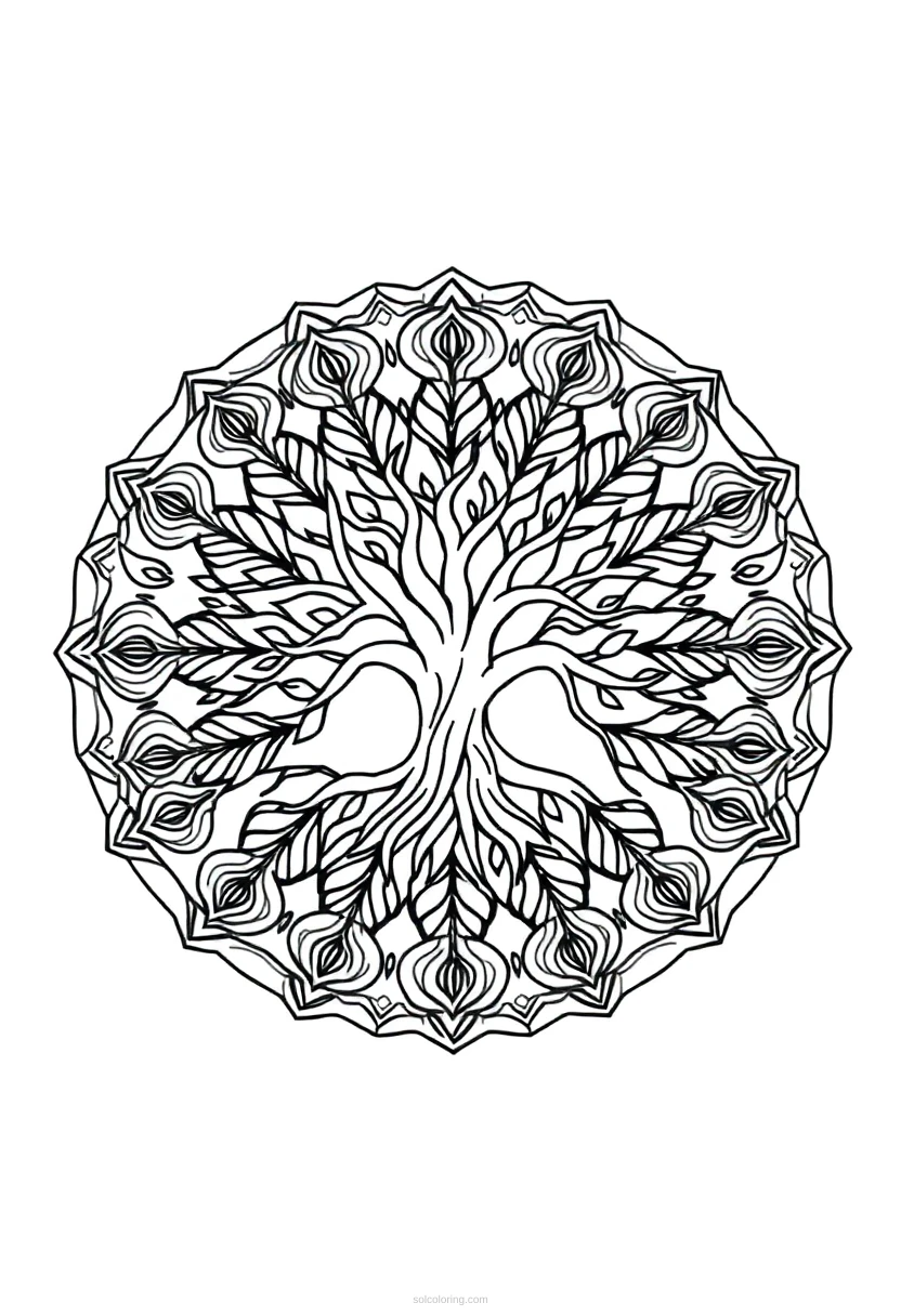 Tree of Life Mandala Circle coloring page for kids