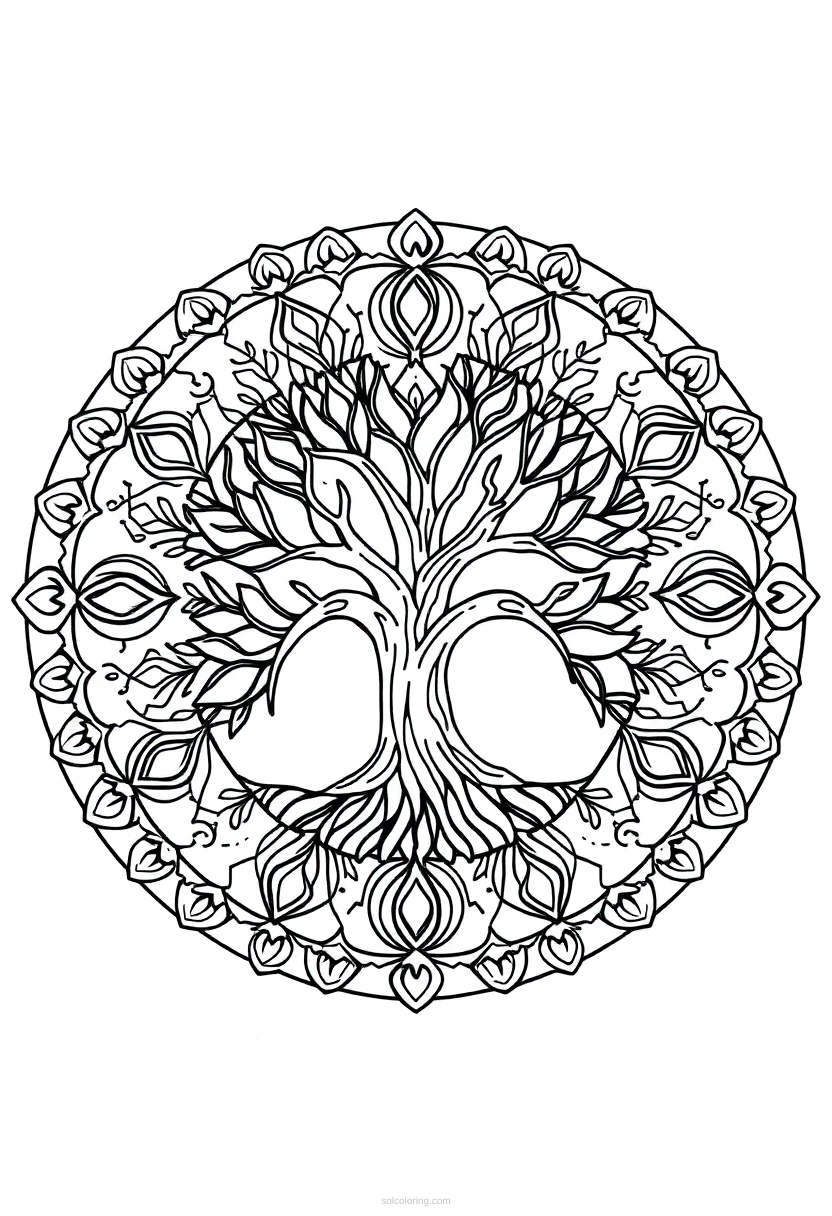 Tree of Life Mandala Circle coloring page for kids