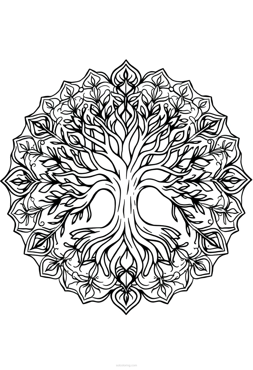 Tree of Life Mandala Circle coloring page for kids