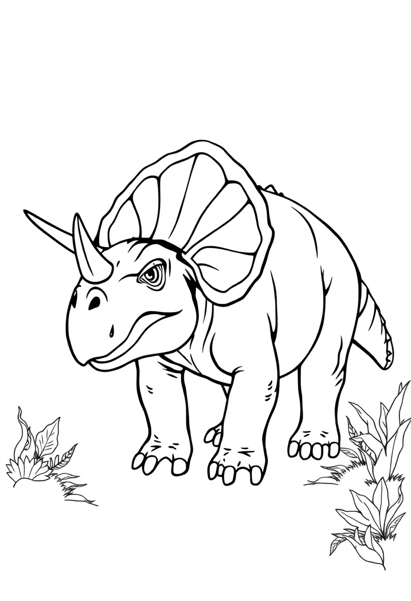Cute chibi Triceratops coloring page with bold black outlines showing three horns and distinctive neck frill for kids to color