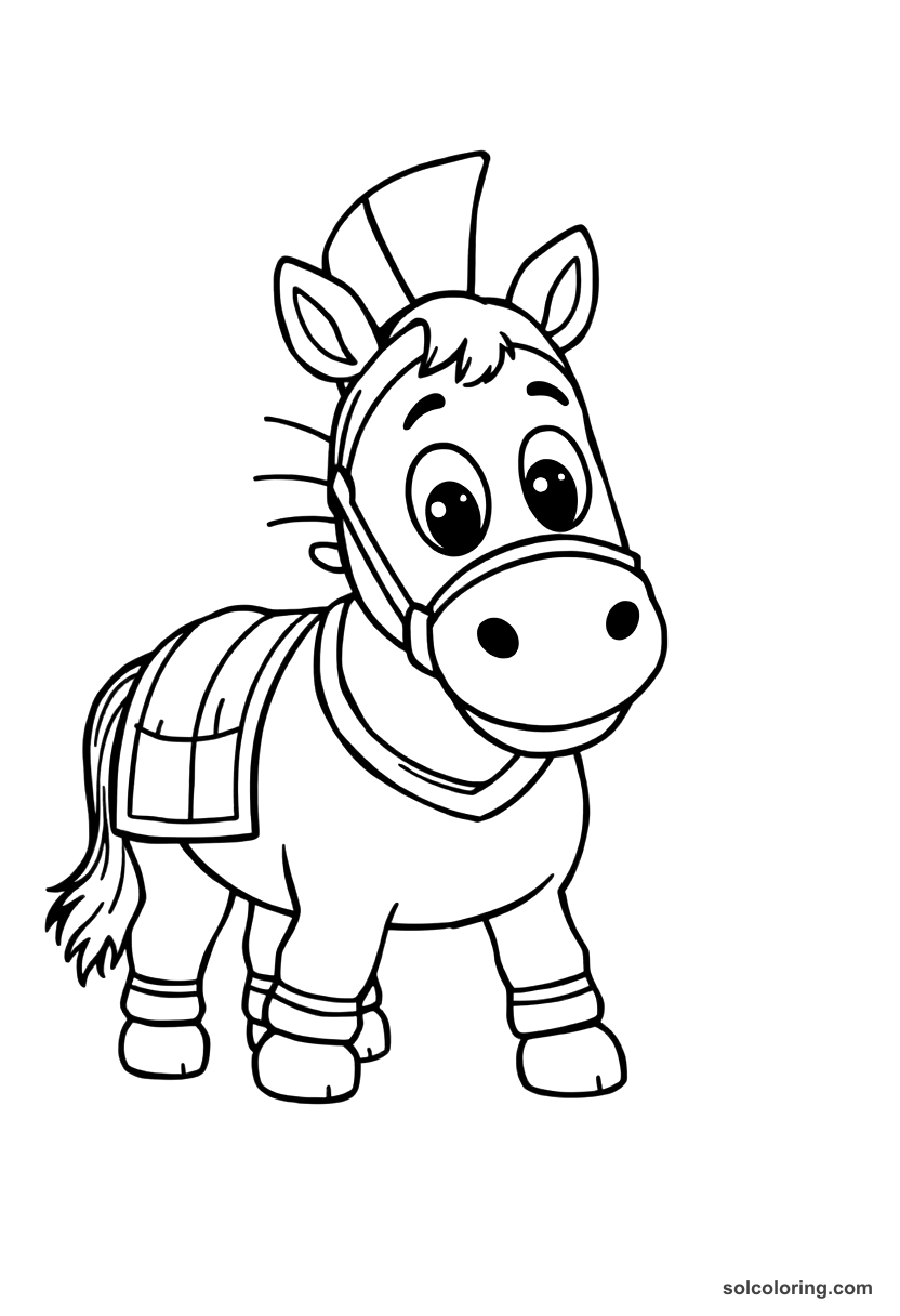Cute Cartoon Trojan Horse Being Brought into Troy coloring page, free printable cute cartoon style
