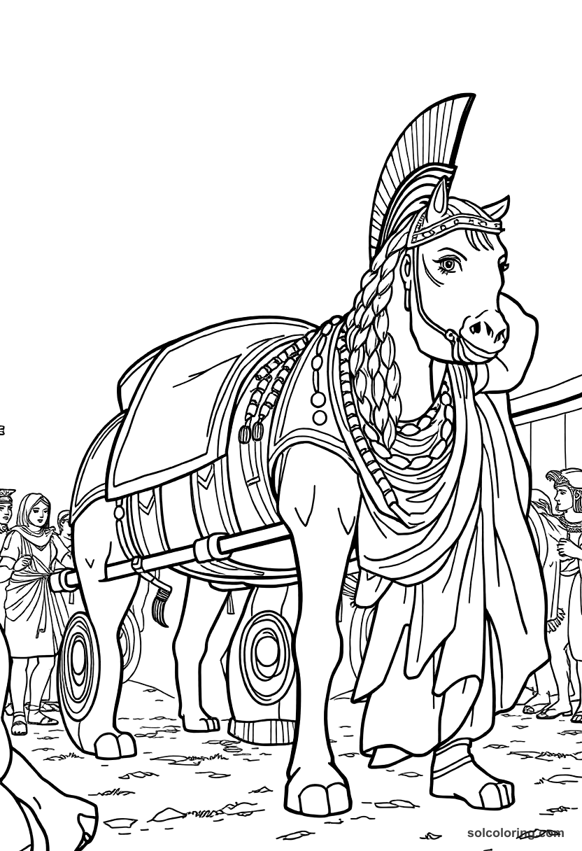 Trojan Horse Being Brought into Troy coloring page, free printable detailed style