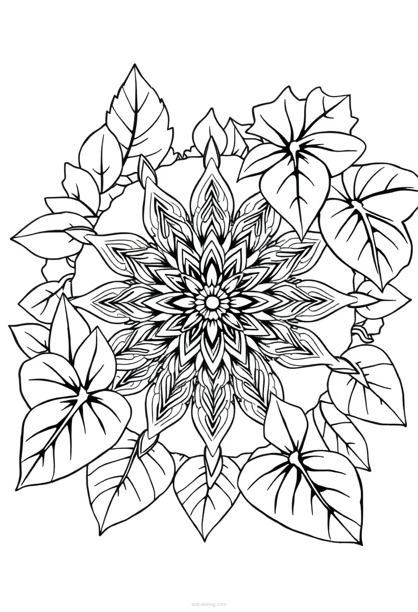 Tropical Leaves and Vines Mandala coloring page for kids