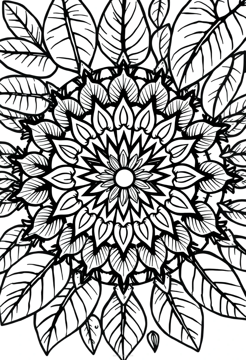 Tropical Leaves and Vines Mandala coloring page for kids