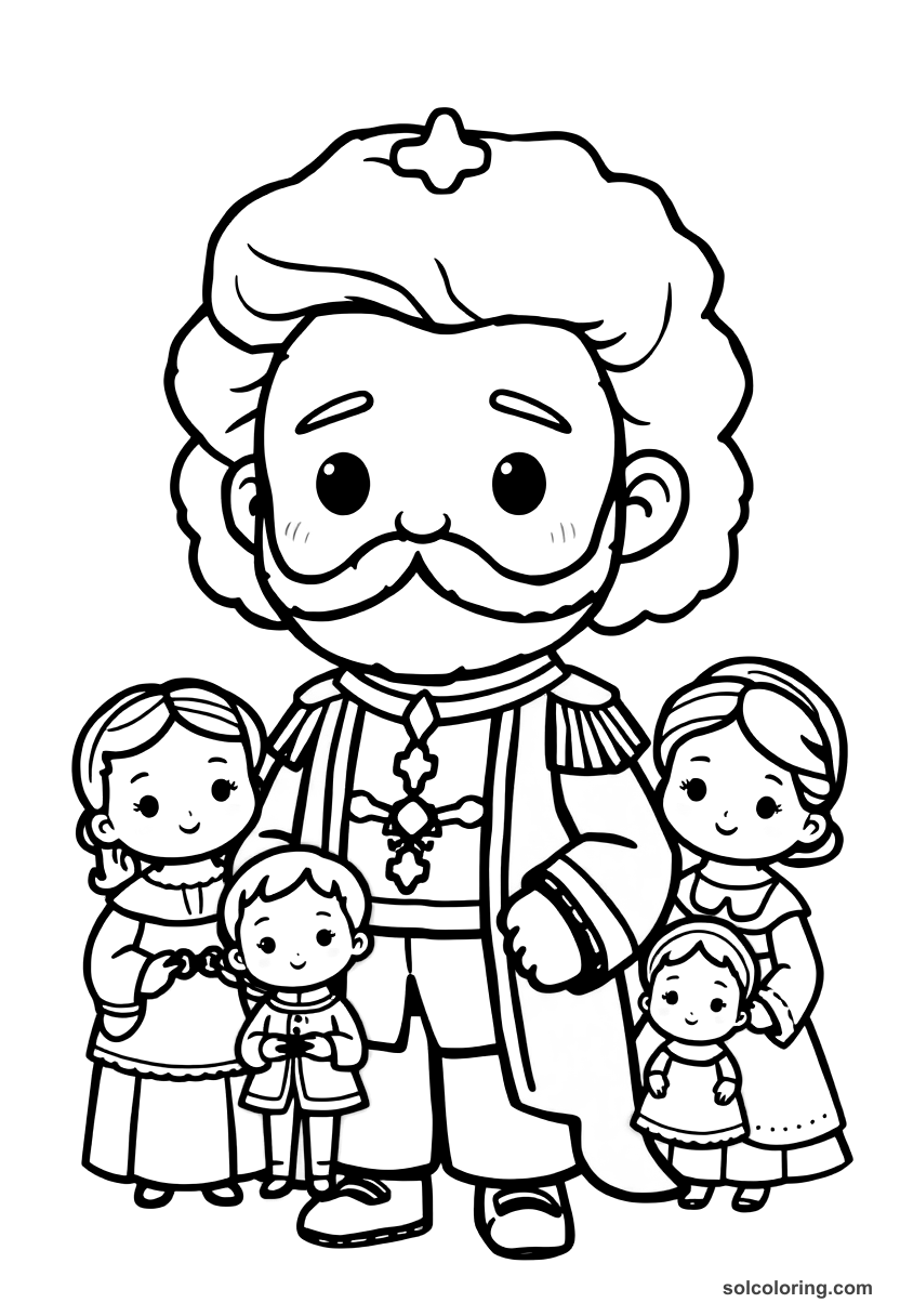 Chibi Tsar Nicholas II with the Romanov Family coloring page, free printable chibi style