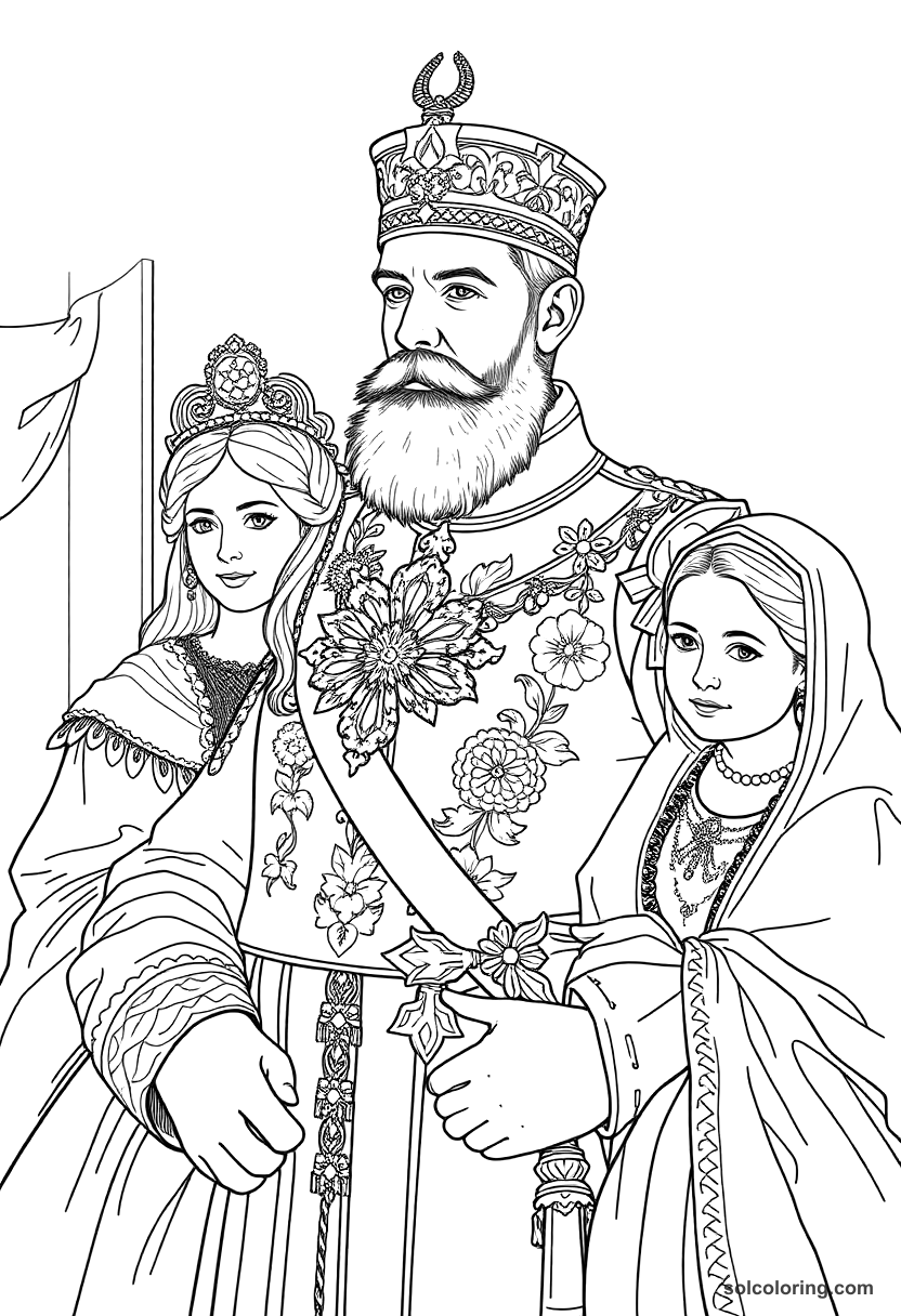 Tsar Nicholas II with the Romanov Family coloring page, free printable detailed style