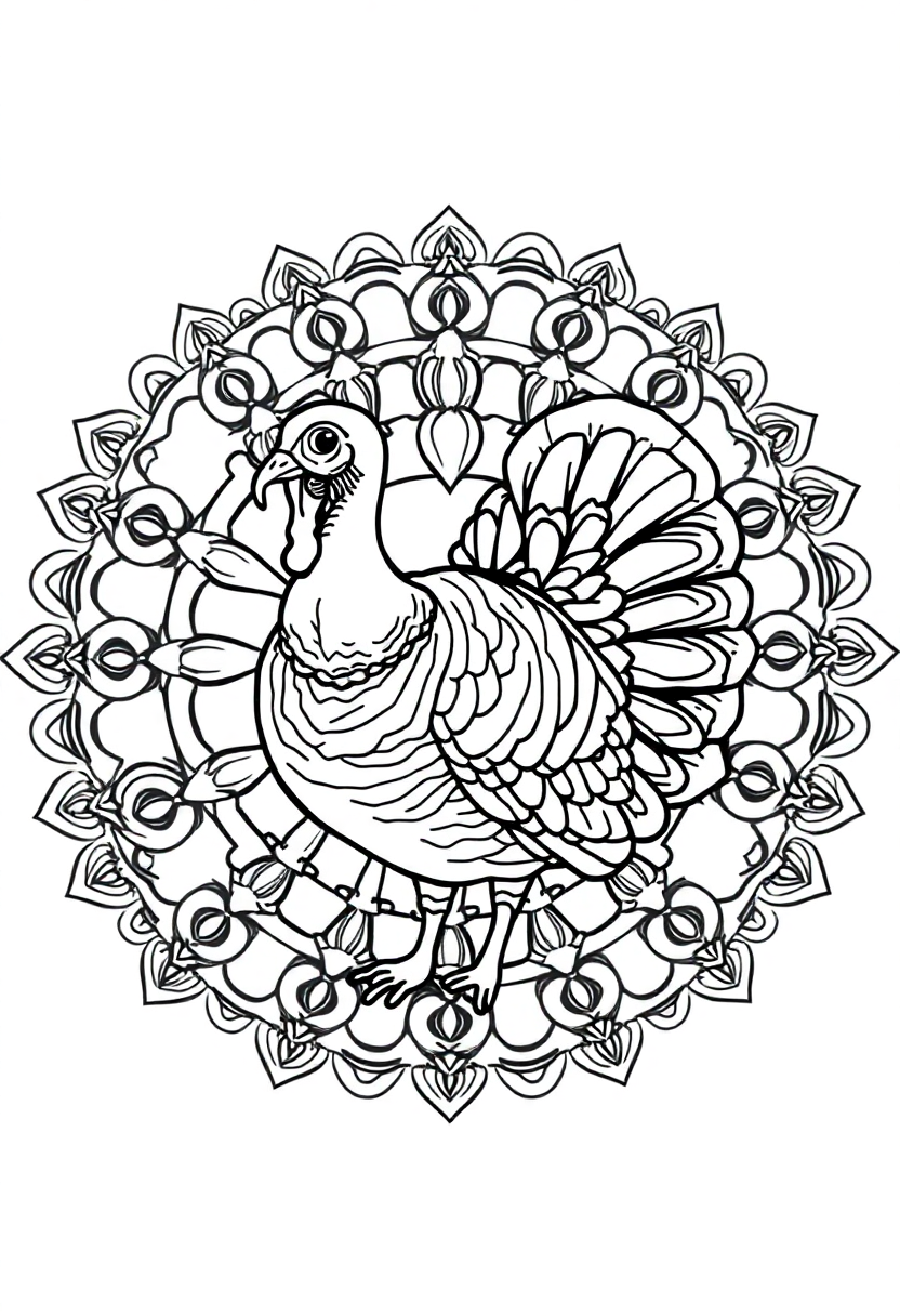 Turkey in farmyard coloring page showing turkey with barn, fence and farm details in black outline on white background