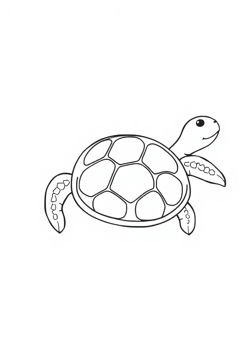Simple turtle coloring page with bold outlines showing friendly turtle with patterned shell perfect for kids to color