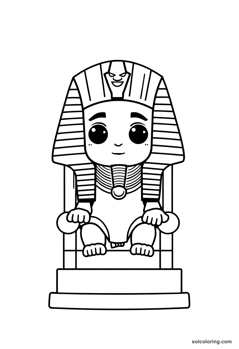 Chibi Tutankhamun on His Golden Throne coloring page, free printable chibi style