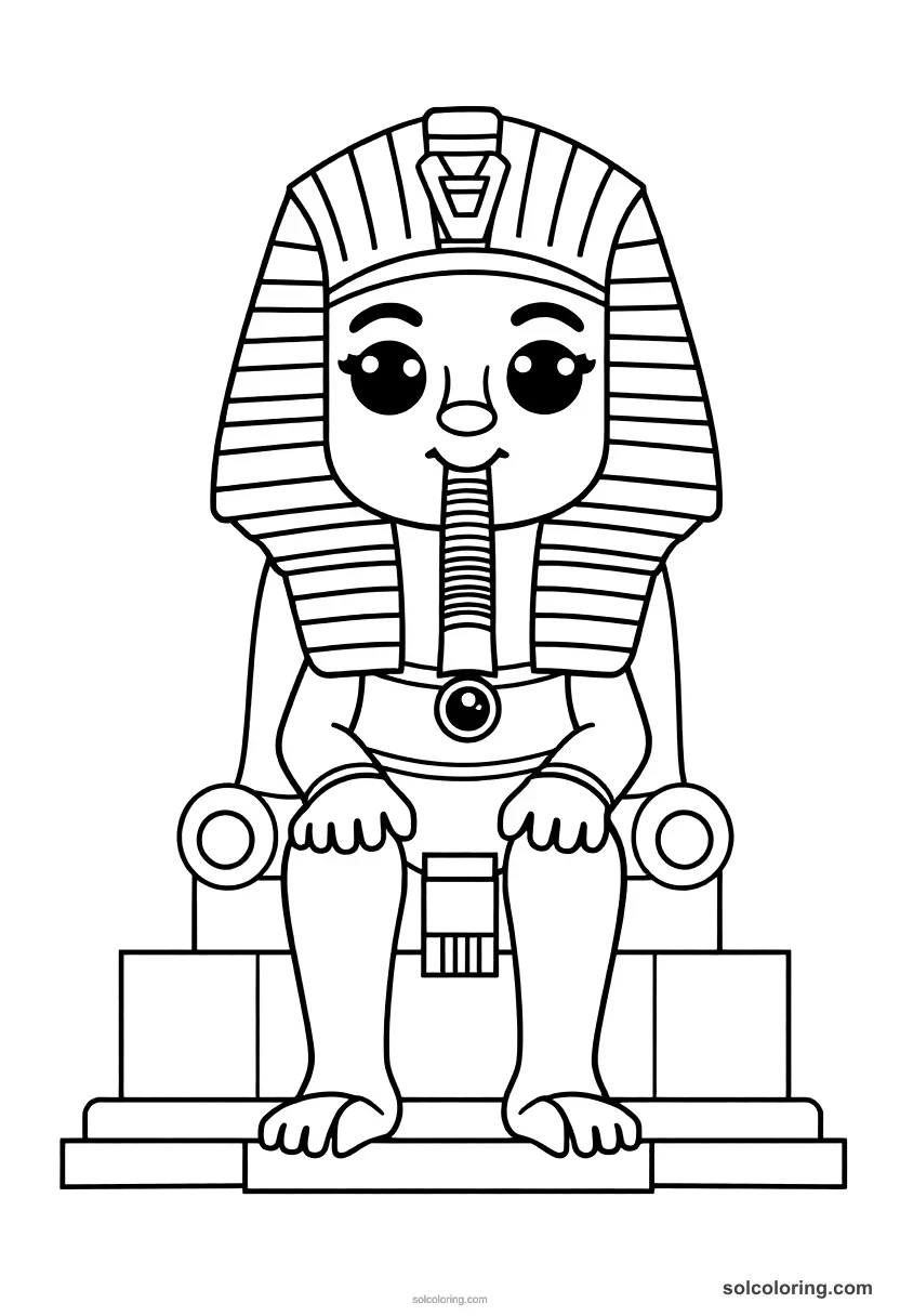 Cute Cartoon Tutankhamun on His Golden Throne cute cartoon coloring page for kids