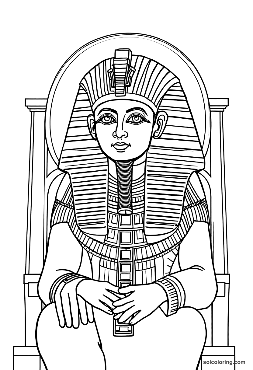 Tutankhamun on His Golden Throne coloring page, free printable detailed style