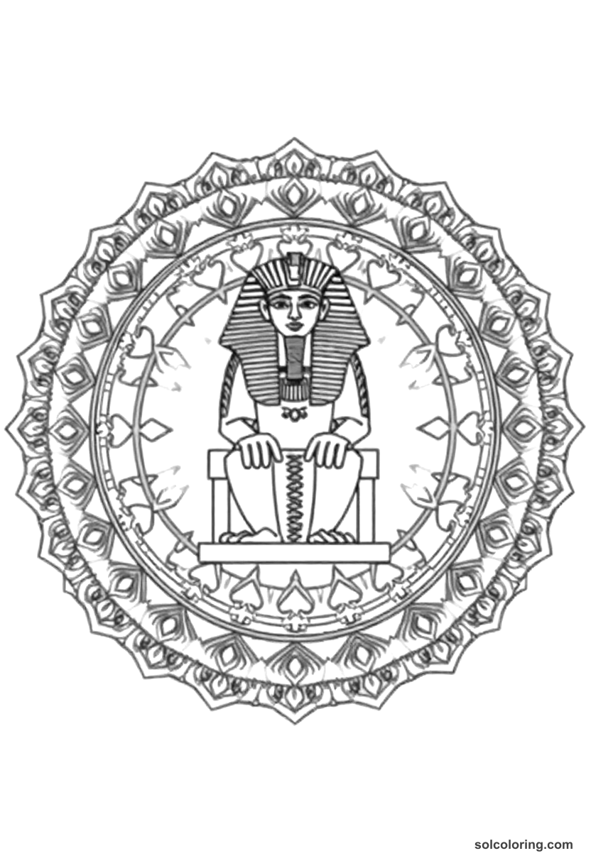 Mandala Tutankhamun on His Golden Throne coloring page, free printable mandala style