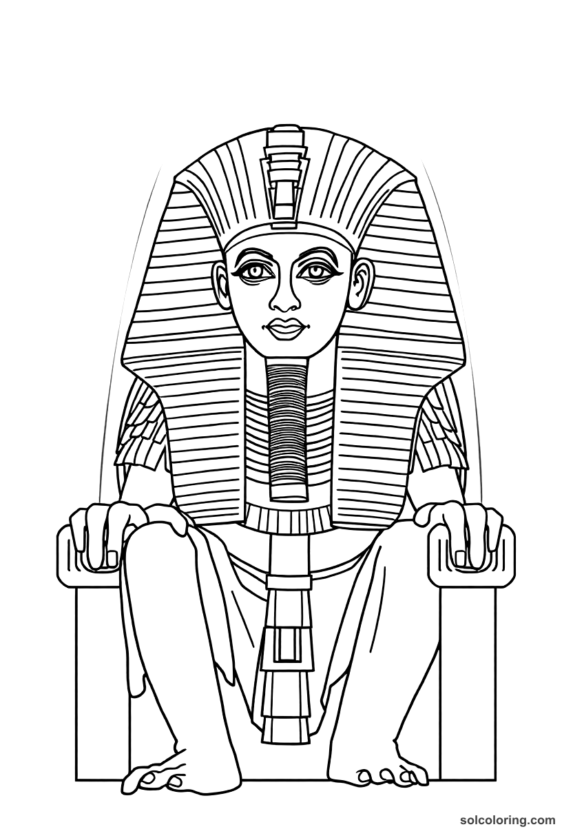 Tutankhamun on His Golden Throne coloring page, free printable realistic style