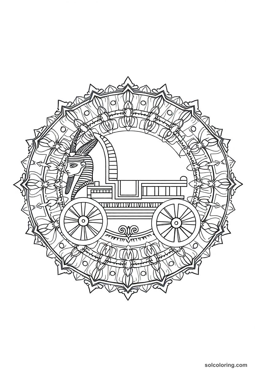 Mandala coloring page featuring Tutankhamun's golden chariot with Egyptian hieroglyphs and ornate circular patterns