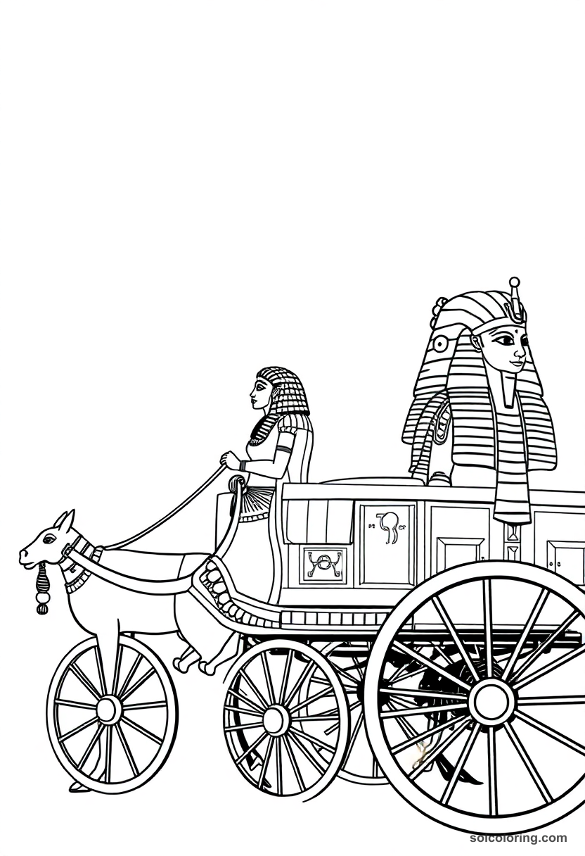 Tutankhamun golden chariot coloring page showing ornate Egyptian pharaoh chariot with detailed wheels and royal decorations