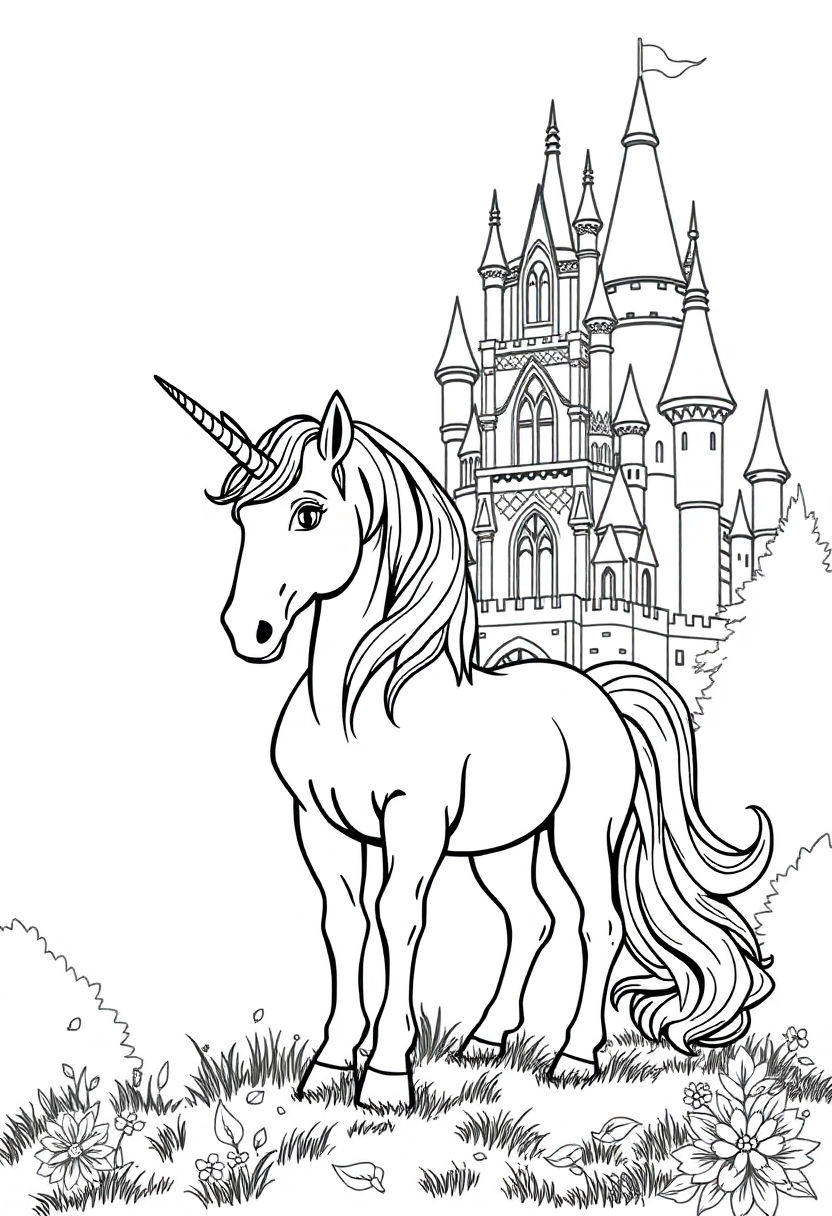 Unicorn By Fairy Tale Castle coloring page