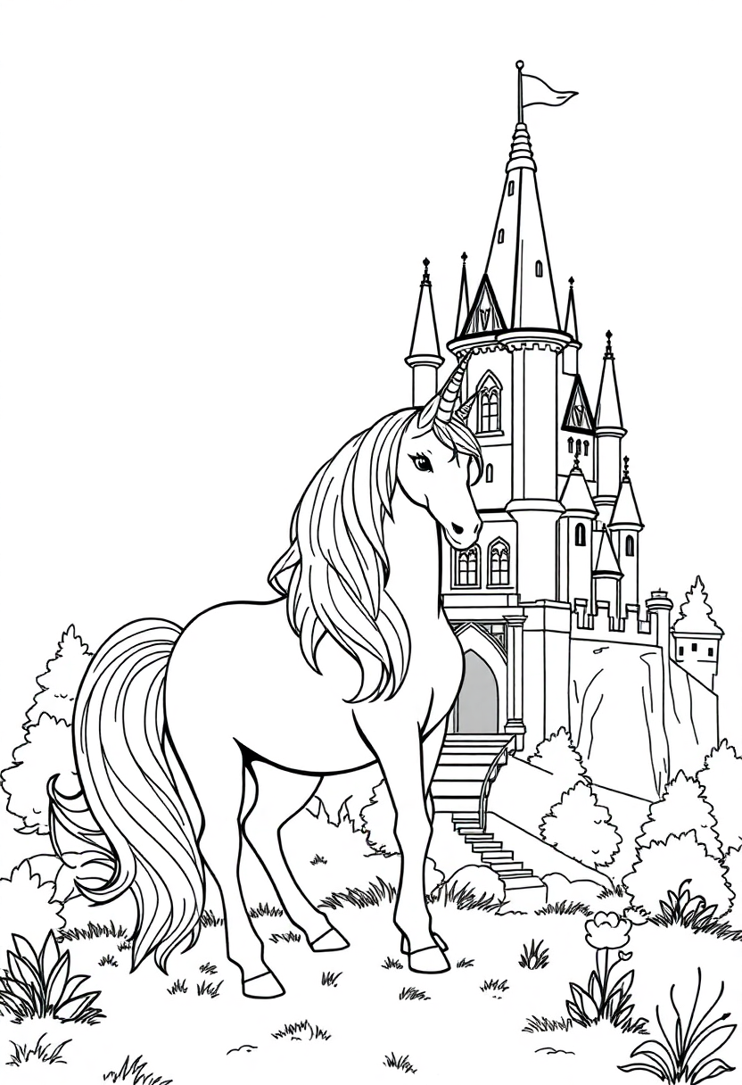 Unicorn by Fairy Tale Castle coloring page, free printable