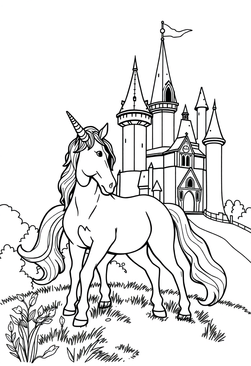 Unicorn by Fairy Tale Castle coloring page, free printable