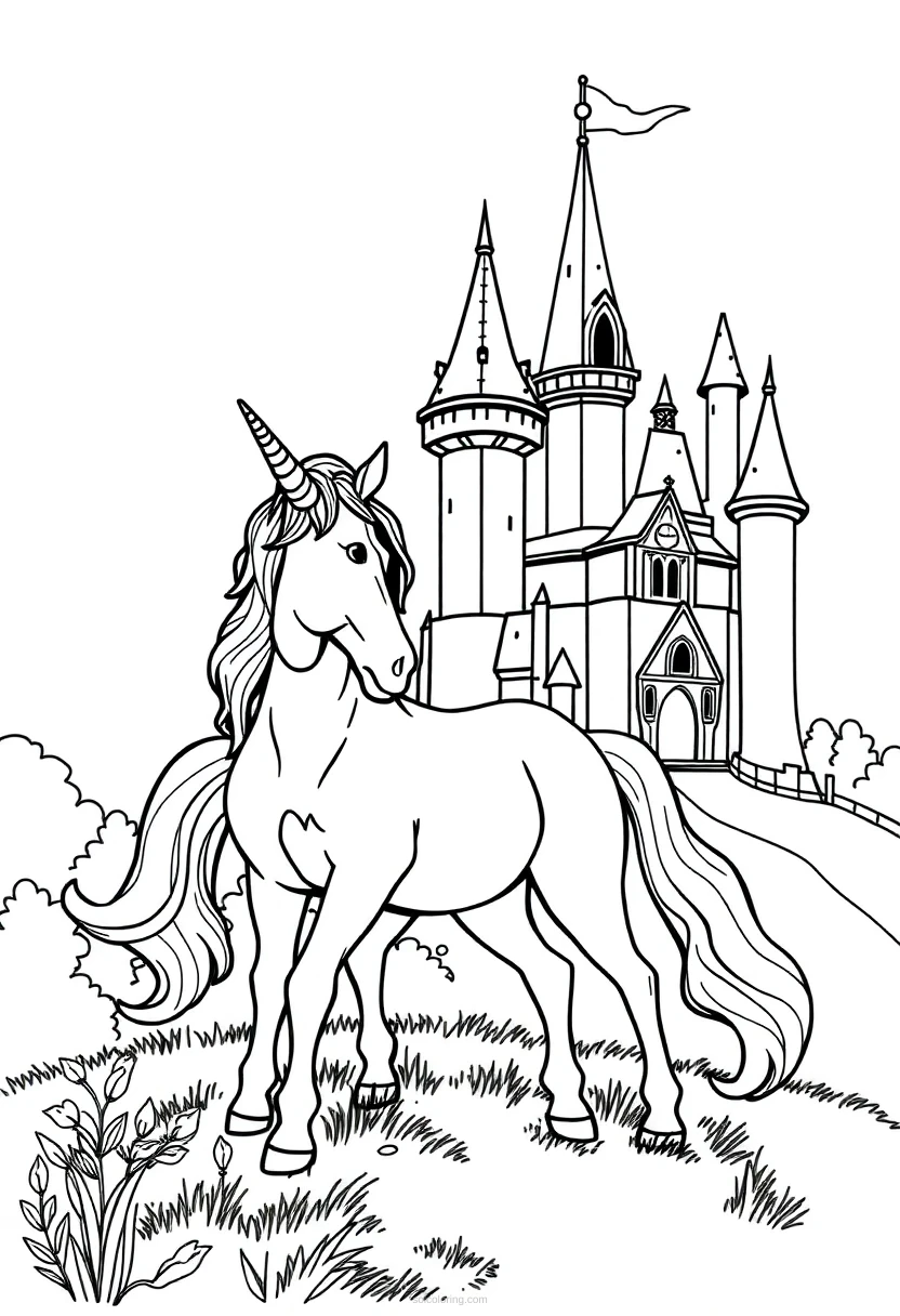 Unicorn by Fairy Tale Castle coloring page for kids