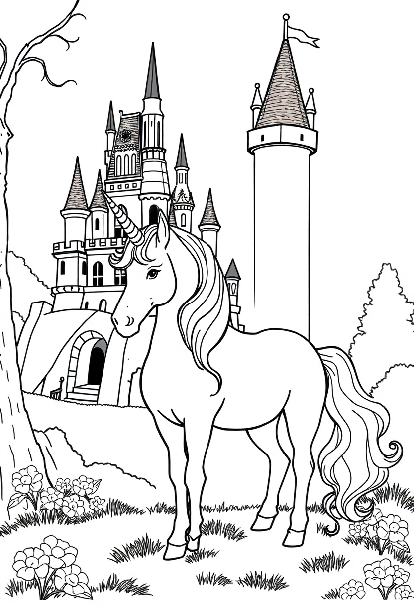 Unicorn by Fairy Tale Castle coloring page, free printable