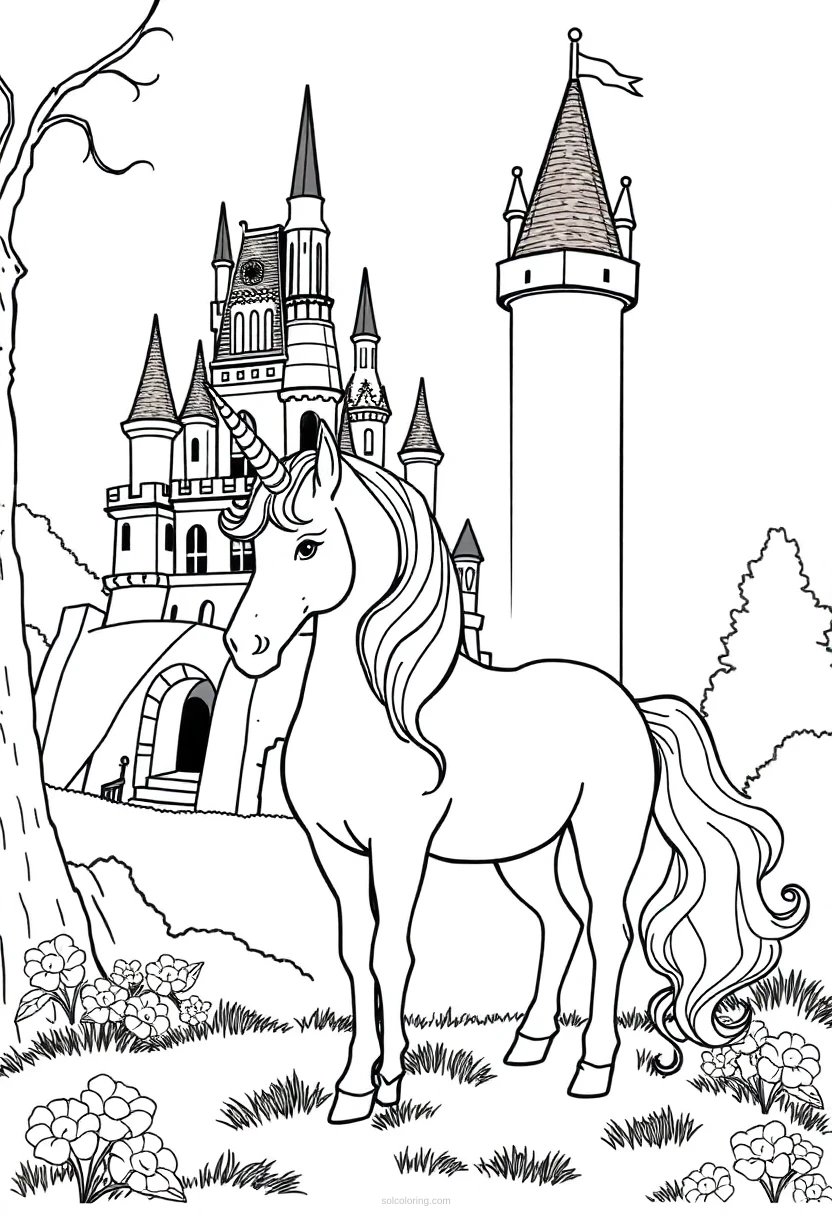 Unicorn by Fairy Tale Castle coloring page for kids