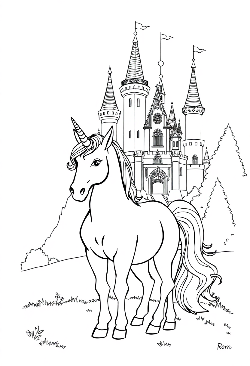 Unicorn By Fairy Tale Castle coloring pages