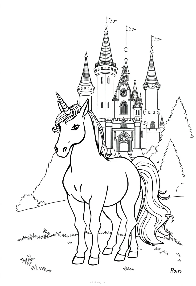 Unicorn By Fairy Tale Castle coloring pages