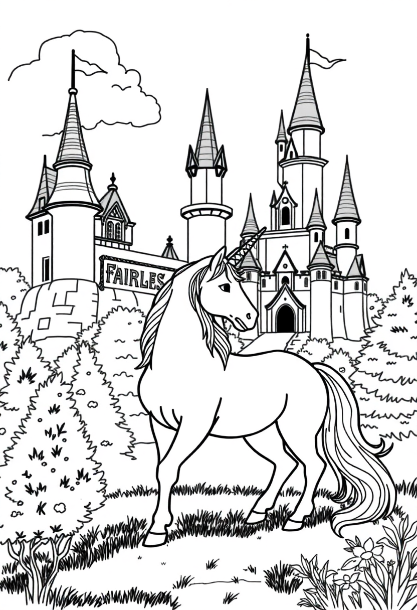 Unicorn by Fairy Tale Castle coloring page, free printable