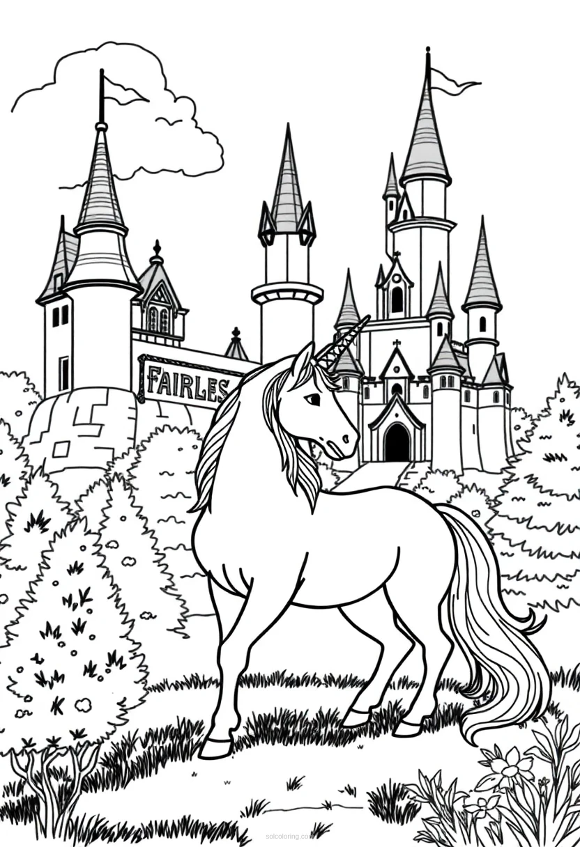 Unicorn by Fairy Tale Castle coloring page for kids