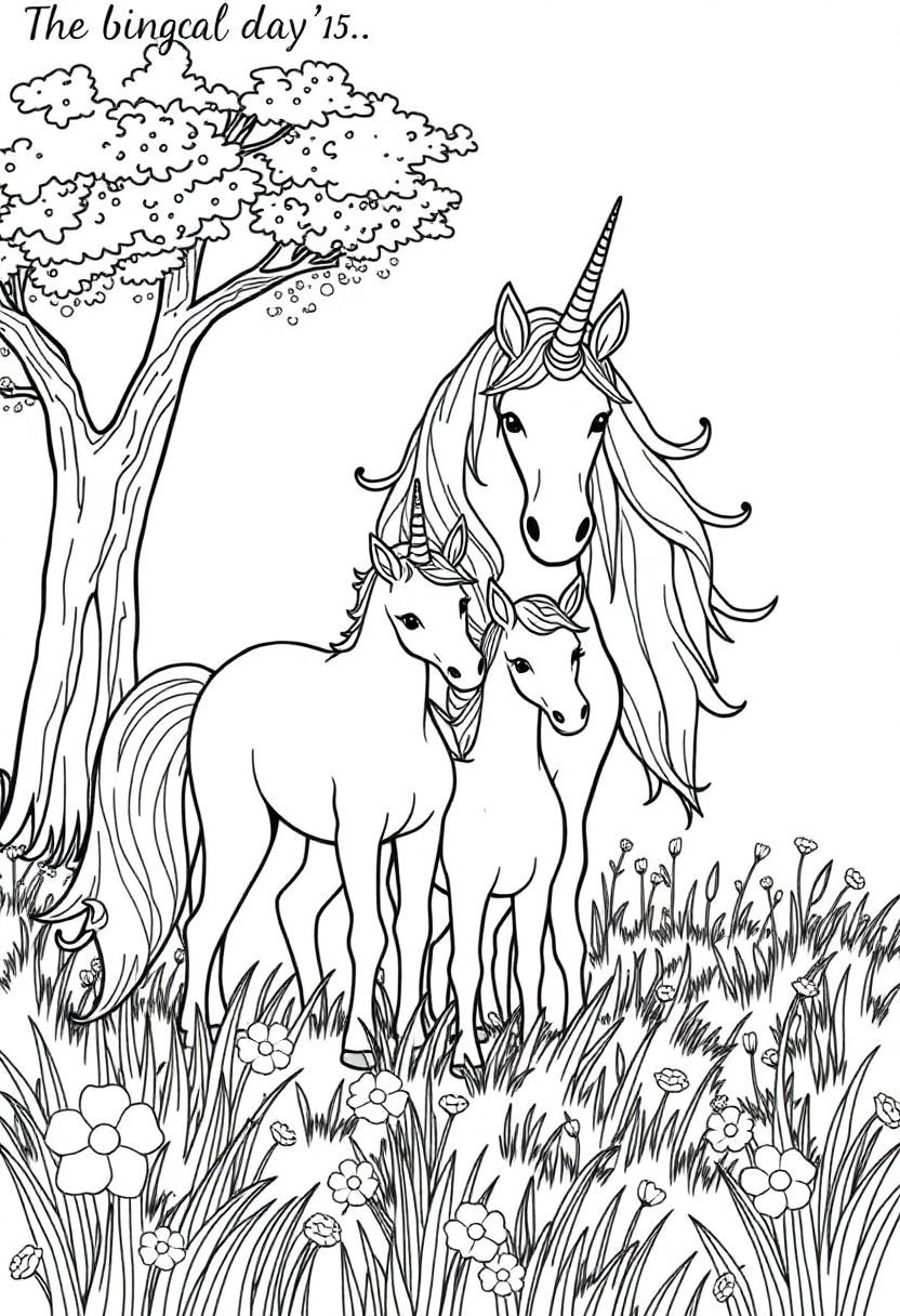 Unicorn Family In Meadow coloring page
