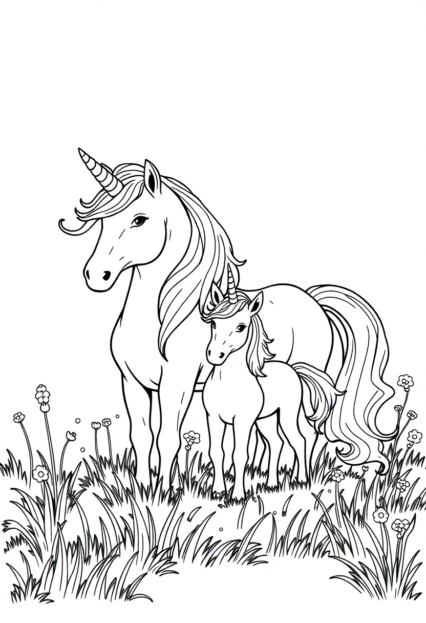 Unicorn Family in Meadow coloring page, free printable