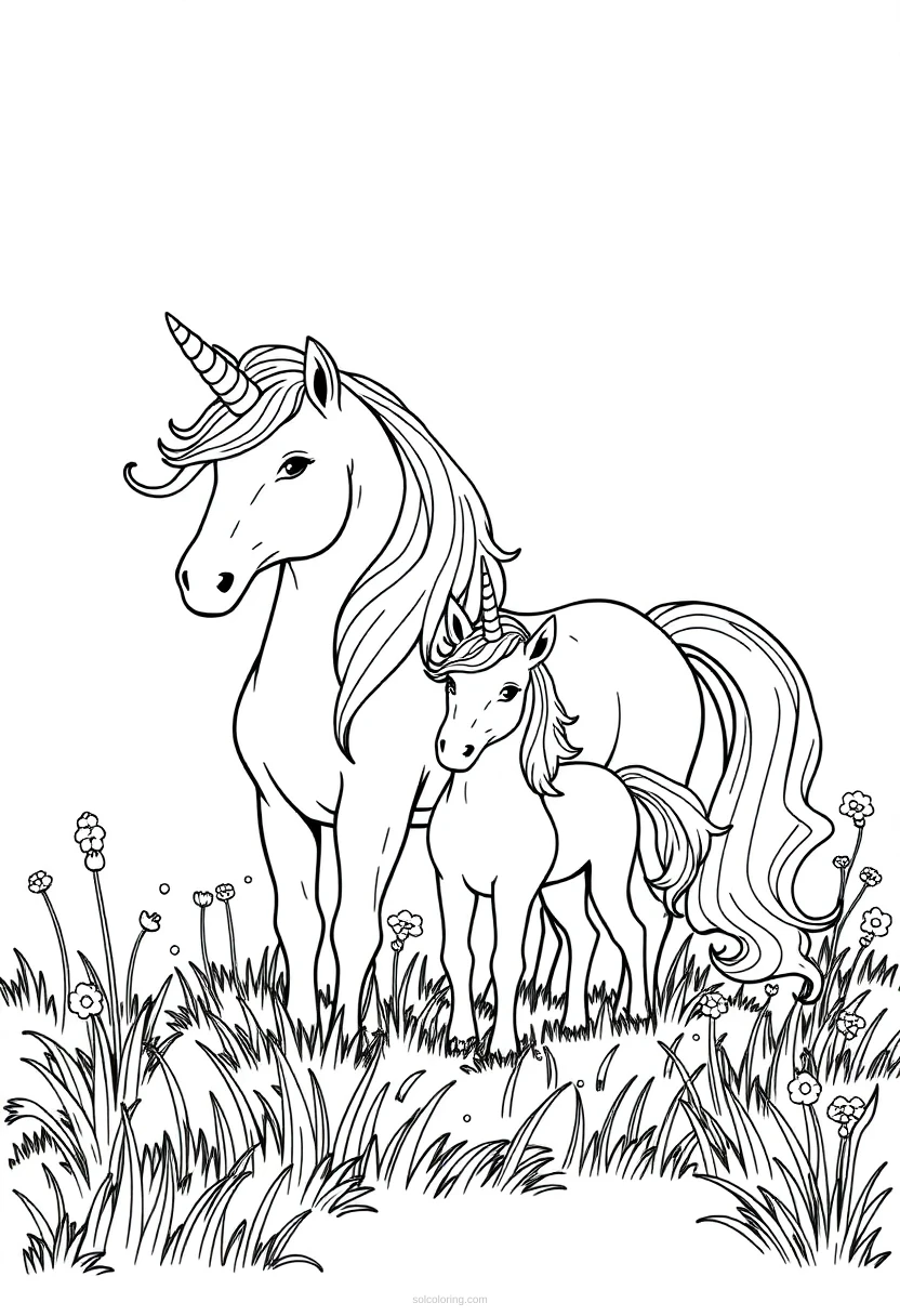 Unicorn Family in Meadow coloring page for kids