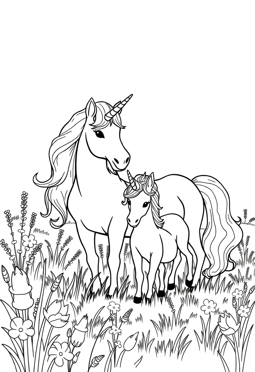 Unicorn Family in Meadow coloring page, free printable