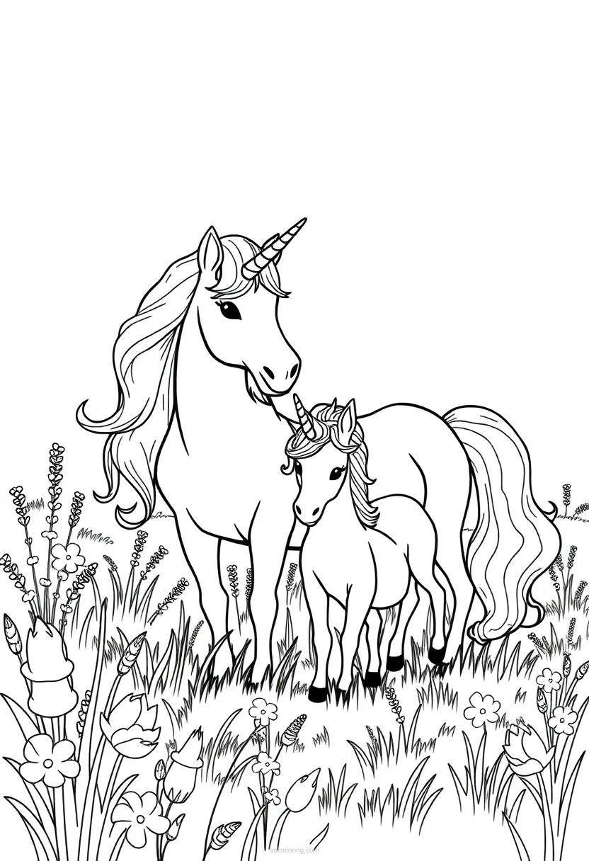 Unicorn Family in Meadow coloring page for kids