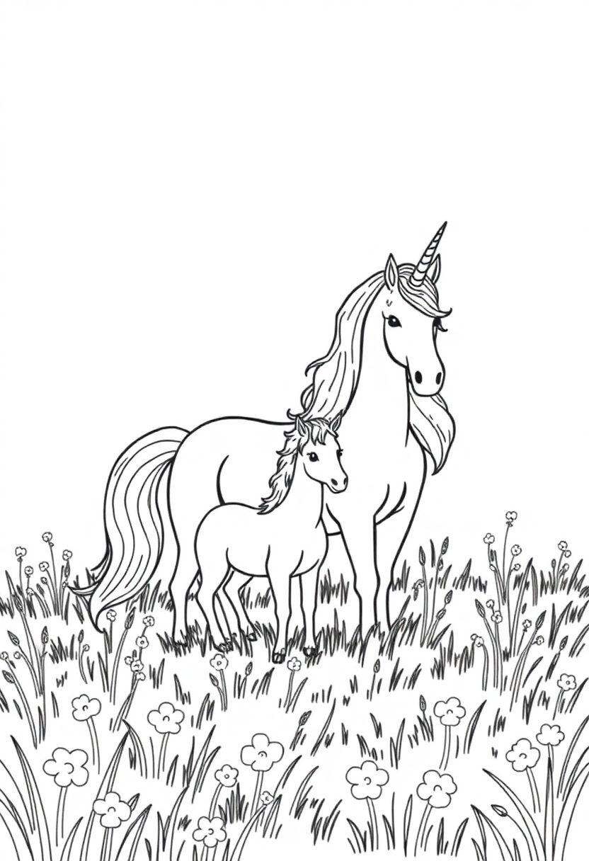 Unicorn Family in Meadow coloring page, free printable