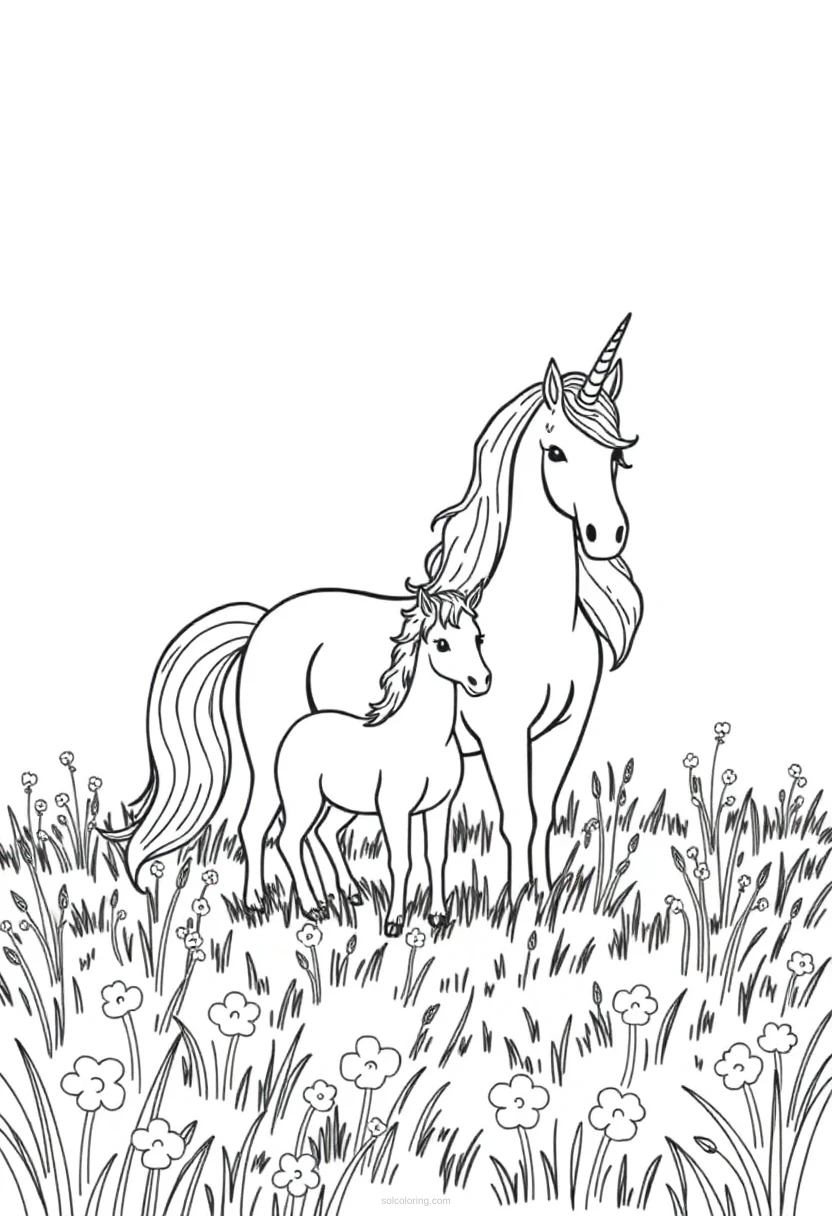 Unicorn Family in Meadow coloring page for kids