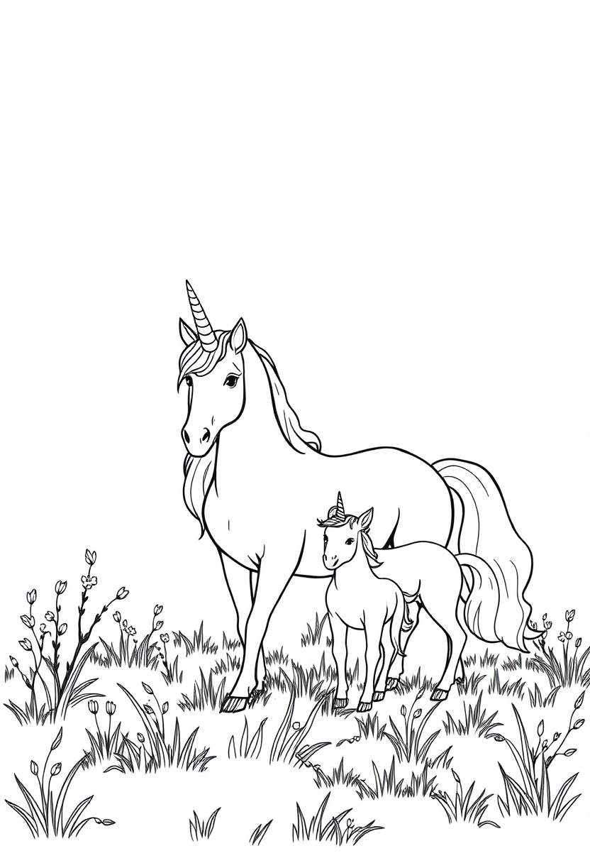 Unicorn Family In Meadow coloring pages