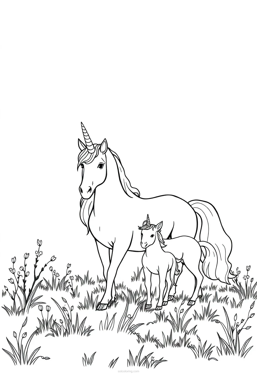 Unicorn Family In Meadow coloring pages