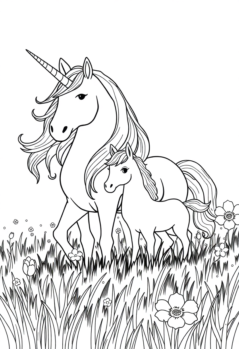 Unicorn Family in Meadow coloring page, free printable